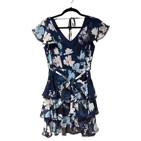 City Chic Navy Orchid V Neck Short Sleeve Floral Print Dress (XS /14) - Picture 3 of 9